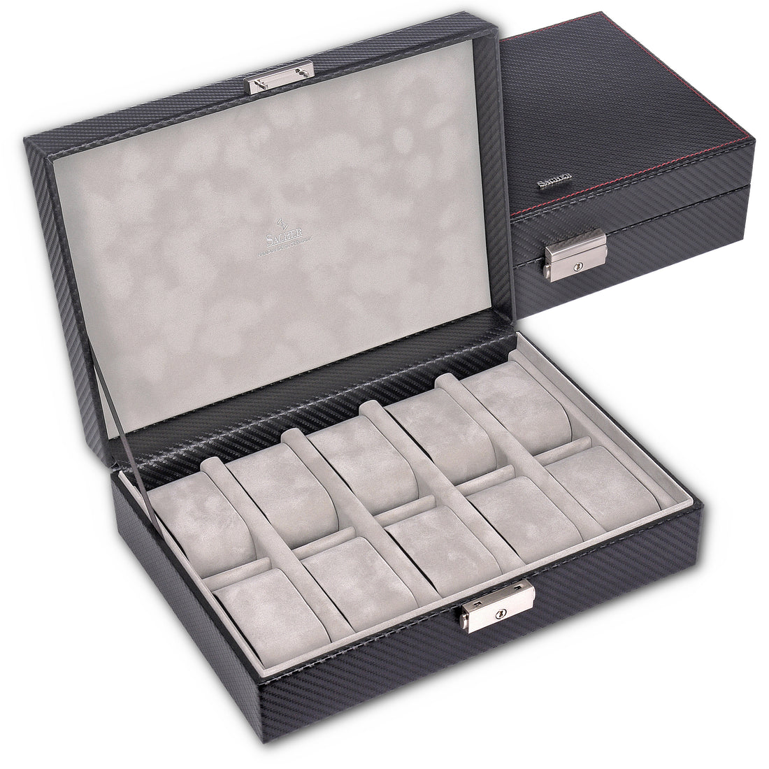 Watch case for 10 watches carvon / black (leather)